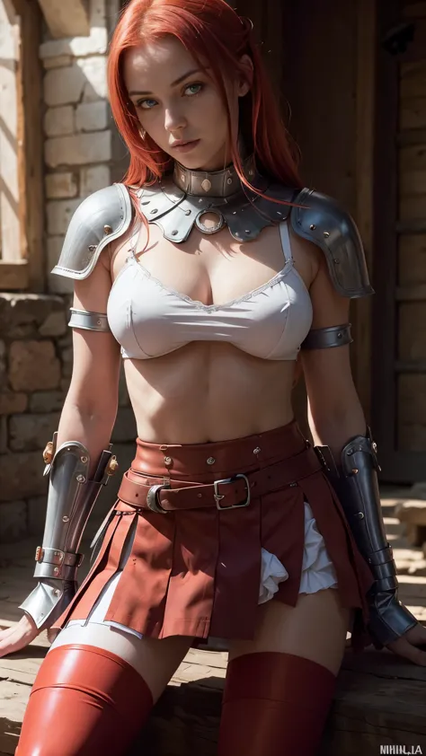 Red-haired warrior girl, young girl, pretty face, thin girl, pretty girl, skinny girl, She's wearing a plate armor, medieval arm...