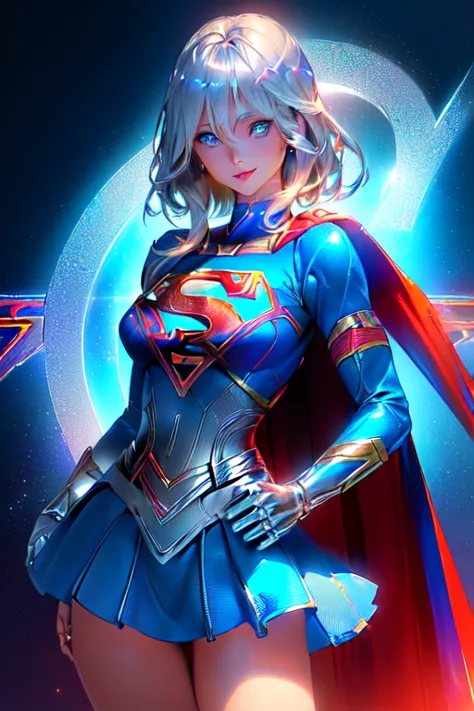 ((tanned adult woman), ((short blonde hair, blue colored eyes,)), slim and beautiful smile, ((dressed like a supergirl umlwotard...