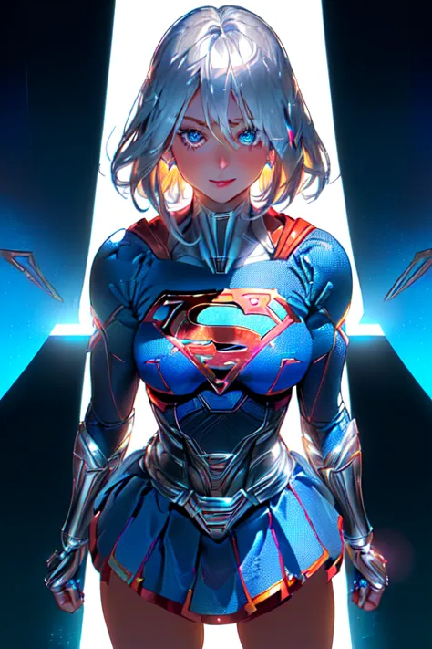 ((tanned adult woman), ((short blonde hair, blue colored eyes,)), slim and beautiful smile, ((dressed like a supergirl umlwotard...