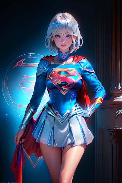 ((tanned adult woman), ((short blonde hair, blue colored eyes,)), slim and beautiful smile, ((dressed like a supergirl umlwotard, with silver details on the hips, right on the butt)), red lipgloss stick, ( (standing, looking at the camera)), Masterpiece artwork, high qualiy, back-illuminated)),Idiot behind the thong