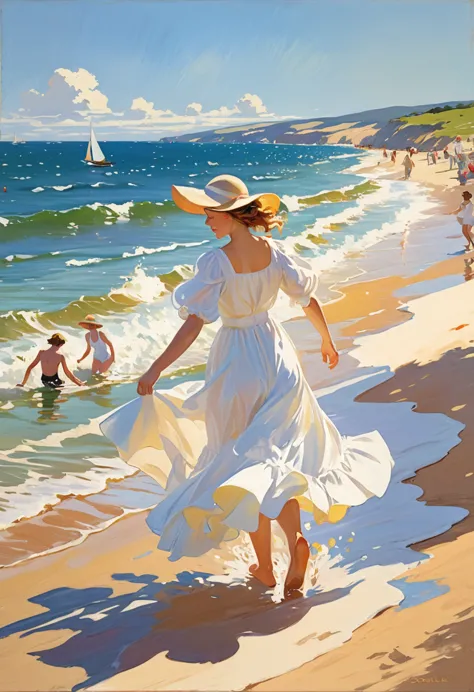 an image of a sunlit beach scene with people enjoying a summer day, painted in the style of joaquín sorolla. include elements su...