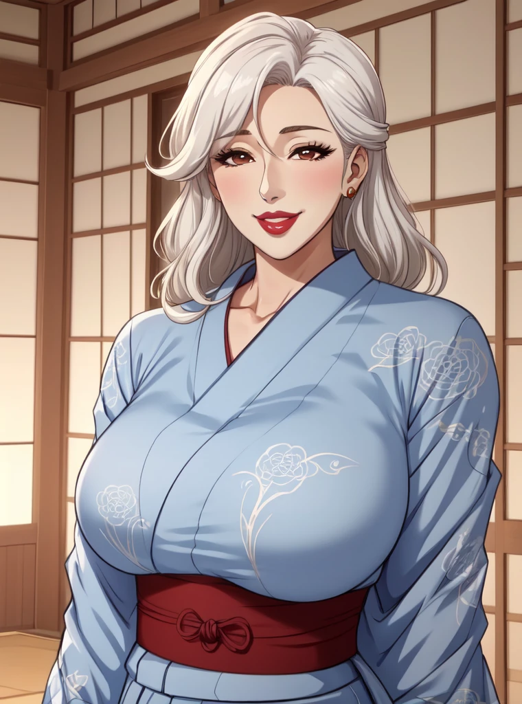 1 chica, ropa japonesa, yukata,  Parte superior del cuerpo, (mujer madura:1.5),sonrisa seductora, obra maestra ara ara, mejor calidad, detalles intrincados,  anime screencap, color plano, mujer madura, Ojos cafés, pelo blanco, labios rojos, pechos muy grandes, labios hinchados