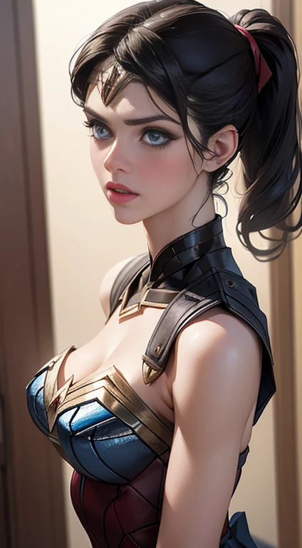 (best quality,4k,8k,highres,masterpiece:1.2),ultra-detailed,(realistic,photorealistic,photo-realistic:1.37),portrait, Alexandra Daddario, Carly  ,beautiful detailed eyes,beautiful detailed lips,extremely detailed face,long eyelashes, sexy,soft lighting,subtle background,professional photography,vivid colors full body ,  by a fan, blushing face () full body (seductive) (ready for sex) (biting her lips) (black Wonder Woman outfit) (blue eyes) alexandra daddario (ponytail)