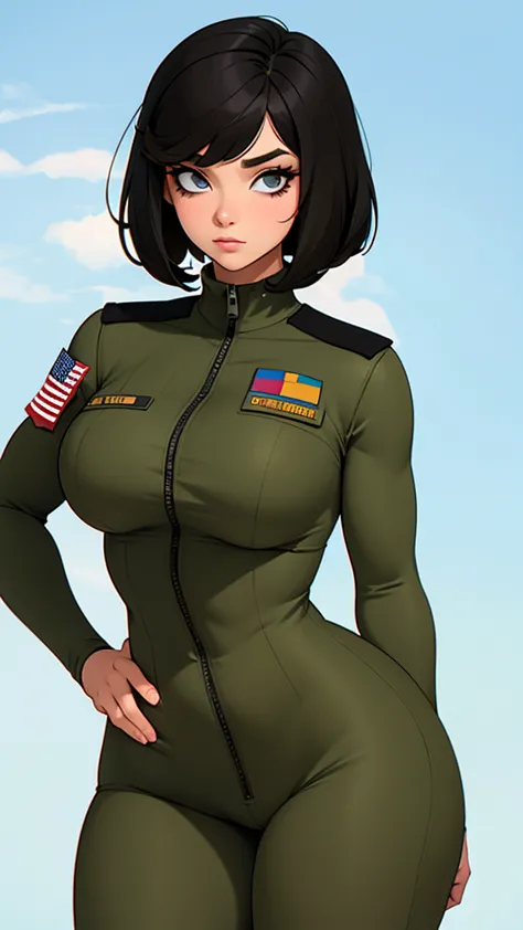Military woman, curvy, athletic body, bob haircut, military greeting
