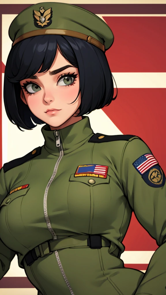 Mujer militar, curvas, cuerpo atlético, corte de pelo bob, sombrero militar, Saludo militar