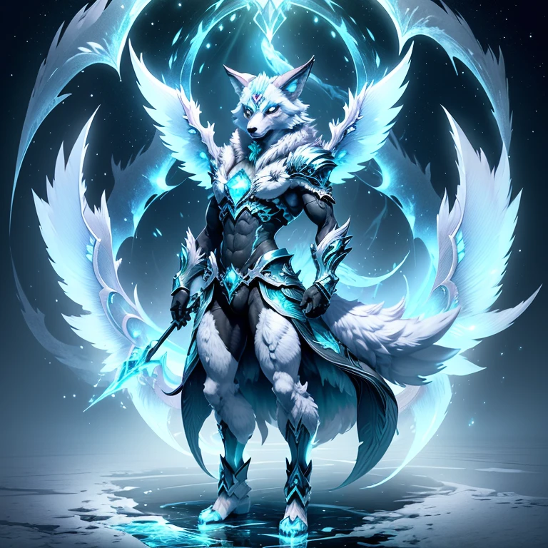 (1 wolf) full body, a green eyed light blue carbuncle, a winged four pointy ears with ice and frost wind, light blue feathered wings, ice energy around, frost lake background