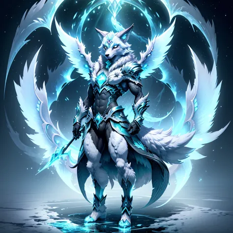 (1 wolf) full body, a green eyed light blue carbuncle, a winged four pointy ears with ice and frost wind, light blue feathered w...