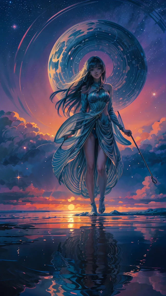 Illustration by Hergé, wallpaper, Create an image of a woman with long straight hair, she is standing in water, circular ripples around her feet, reflection, she holds an umbrella, with a sky full of stars and lights hovering creates a magical or dreamy, misty space, Reflections on the surface should be shown to add a magical look, brilliant colors, sunset 