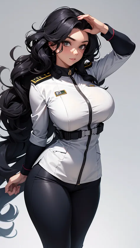 Military woman, navy uniform, curvy, athletic body, black long curly hair, Captain&#39;s hat 