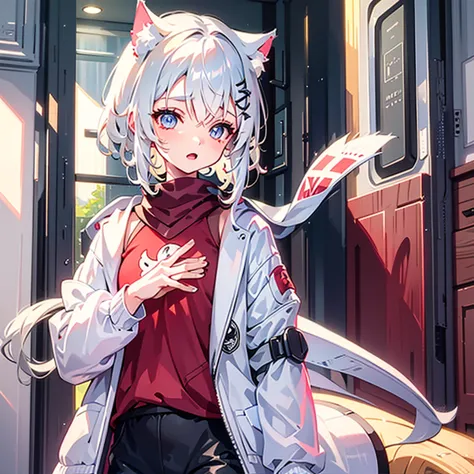 a solo cat boy, his hair is white and his eyes are red, wearing jacket, bust up!!! cute boy, casual boy, sunset sky , , sad vibe...