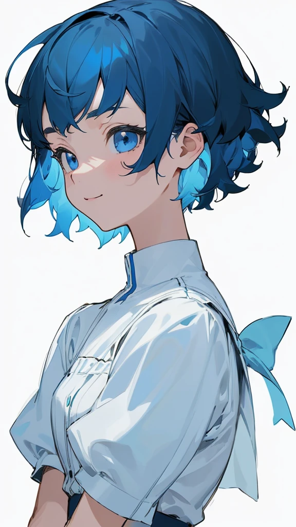 One Girl, solo, Short hair like a boy、Dark blue hair、Light blue hair band:1.2、blue eyes, Laughter, White Dress, Line art, From the side、Upper body close-up、Simple Background, White background,