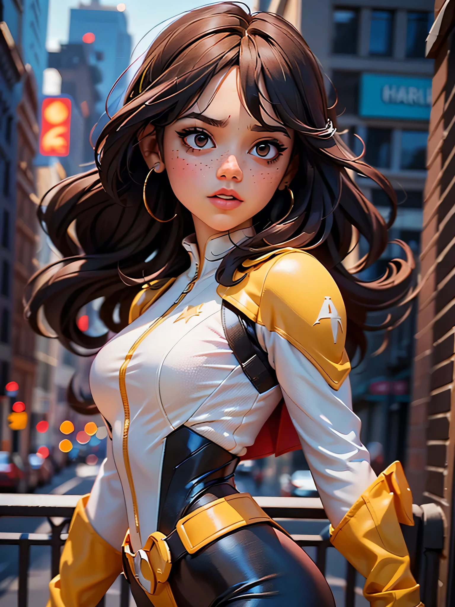 una mujer, cabello largo con flequillo, 90's x-men uniform, Afuera, Estilo artístico de Marvel, comic, ojos rojos, algunas pecas, spandex amarillo oscuro, acento rojo, SMM, Jenna_ortega