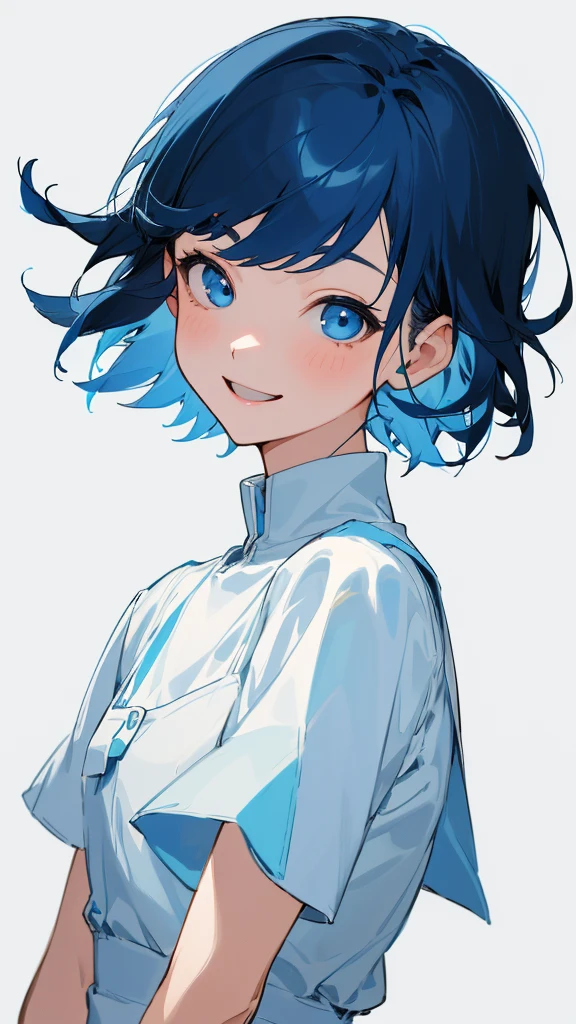 One Girl, solo, Short hair like a boy、Dark blue hair、Light blue hair band:1.2、blue eyes, Laughter, White Dress, Line art, From the side、Upper body close-up、Simple Background, White background,