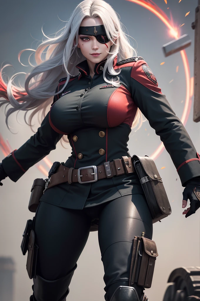 (1 beautiful woman)、(Very huge muscles)、(Unusually large muscles)、(Red cyberpunk military uniform all over the body:1.3)、(Red aura emanating from clothes:1.5)、(Military equipment:1.2)、(White hair)、(an eye patch:1.3)、(30-years old)、(confident grin:1.2)、(Dark hair)、(Top image quality)、(8K picture quality)、(masutepiece)、(Full body photo:1.3)、cinematric light, Cinema Shadow, Sharp Image, Extremely detailed,、beautiful effects, Muted colors, Highly detailed image textures, detailed hairs, Detailed face, Detailed eyes, Full body photo、Highly detailed image textures, detailed hairs, Detailed eyes、
