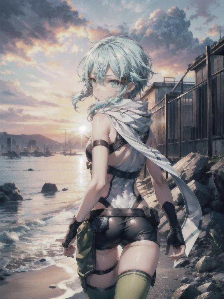 (masterpiece, highest quality, perfect anatomy, textile shading, gleaming skin, detailed skin,), BREAK expressive eyes, perfect face, highres, sinon1, scarf, fingerless gloves, sleevesless, short shorts, hair ornament, hairclip, green thighhighs, thigh strap, field, ruins background,outdoors, beach,(butt, back, ass focus,from behind:1.3),(looking back,all four:1.5)