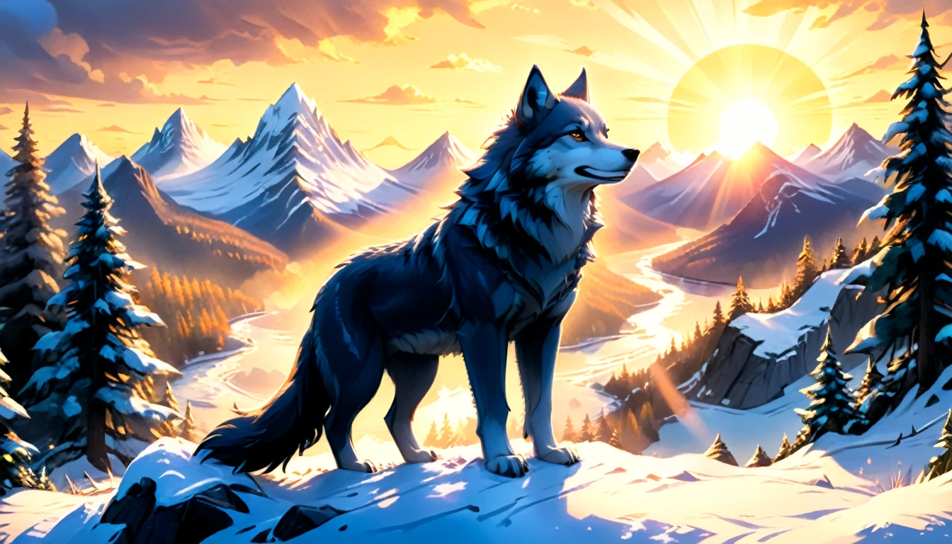 a National Geographic nature shot of a a Schneey forest mountain range, Die Sonne geht auf, der Übergang zwischen Nacht und Tag, da sitzt ein Wolf auf dem Gipfel des Berges und sieht den Wald, a silver (dire wolf: 1.1), sitzen auf einem (Schneey mountain: 1.4),, watching Die Sonne geht auf, there is Schnee forest mountain range, er sieht den Wald in den Bergen, dort Kiefern, Schnee, ein Fluss fließt zwischen den Bergen, Der Wald spiegelt sich in den Strahlen der untergehenden Sonne im Fluss, göttliche Strahlen, ein paar Wolken, Sonnenstrahlen,  (höchste Qualität:1.2, Sehr detailiert, auf dem Laufenden, beschwingt, ultrahohe Auflösung, Hoher Kontrast, Meisterwerk:1.2, höchste Qualität, Beste Ästhetik), beste Details, beste Qualität, highres, Ultraweitwinkel, 16k, [Extrem detailliert], Meisterwerk, beste Qualität, (Extrem detailliert: 1.5), aetherpunkai, Kinoreifer Hollywood-Filmstil