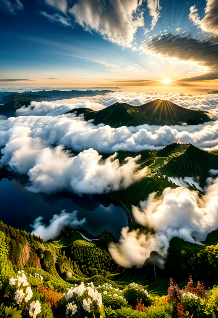 (Sunrise Time), Hokkaido, Japan, the sun shines golden light from the sea of clouds, accompanied by the penetration of light, fo...