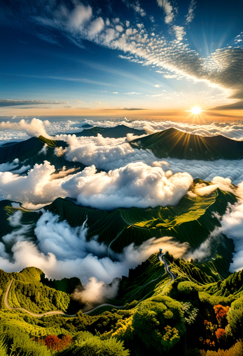 (Sunrise Time), Hokkaido, Japan, the sun shines golden light from the sea of clouds, accompanied by the penetration of light, forming a beautiful fairyland scene with a background of the sea of clouds in the sky, (panoramic view), Photography, award-winning, cinematic still, emotional, vignette, dynamic, vivid, (masterpiece, best quality, Professional, perfect composition, very aesthetic, absurdres, ultra-detailed, intricate details:1.3)