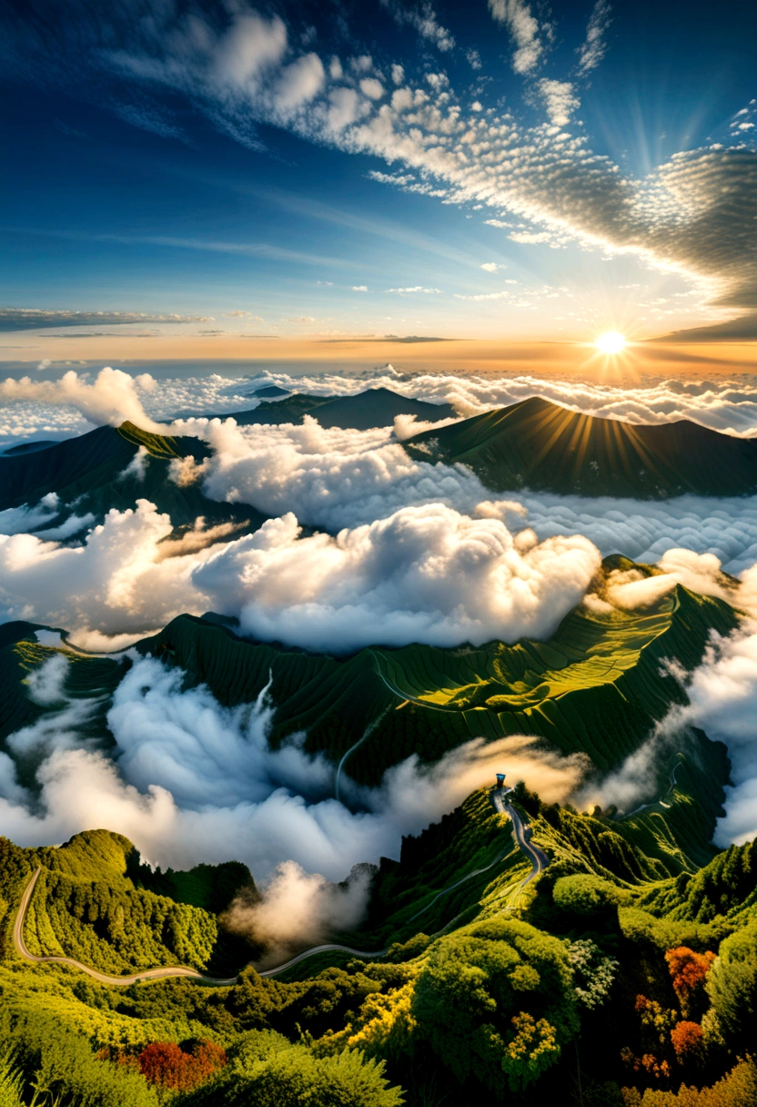 (hora do nascer do sol), Hokkaido, Japão, o sol brilha luz dourada do mar de nuvens, acompanhado pela penetração da luz, formando uma bela cena de país das fadas com um fundo de mar de nuvens no céu, (vista panorâmica), fotografia, premiado, Ainda cinematográfico, emocional, vinheta, dinâmico, vivid, (Obra de arte, melhor qualidade, profissional, composição perfeita, muito estético, absurdos, ultra-detalhado, Detalhes intrincados:1.3)