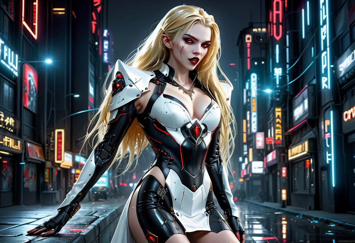 ((a photorealistic glamour shot of an exquisite, glamour mecha female vampire: 1.5)), ((full body: 1.3)), ultra feminine, pale face, golden hair, long vibrant shiny hair, glamorous hair,  red eyes, miniatures mechanical , deep penetrating eyes, red lips, lustful lips, ((two visible vampiric fangs: 1.5), drops of blood dripping from the mouth, ((cyberpunk style: 1.5)), she wears (white elegant glamour dress, with small delicate mechanical parts: 1.4), digital parts,  intricate details, the dress is studded with diamonds, tight suit, dynamic color, high heels, cyberpunk street at night background, (highest quality:1.2, Very detailed, up to date, Vibrant, Ultra-high resolution, High Contrast, masterpiece:1.2, highest quality, Best aesthetics), best details, best quality, highres, ultra wide angle, 16k, [ultra detailed], masterpiece, best quality, (extremely detailed), Genetically modified..., Cinematic Hollywood Film, nijimecha, aetherpunkai