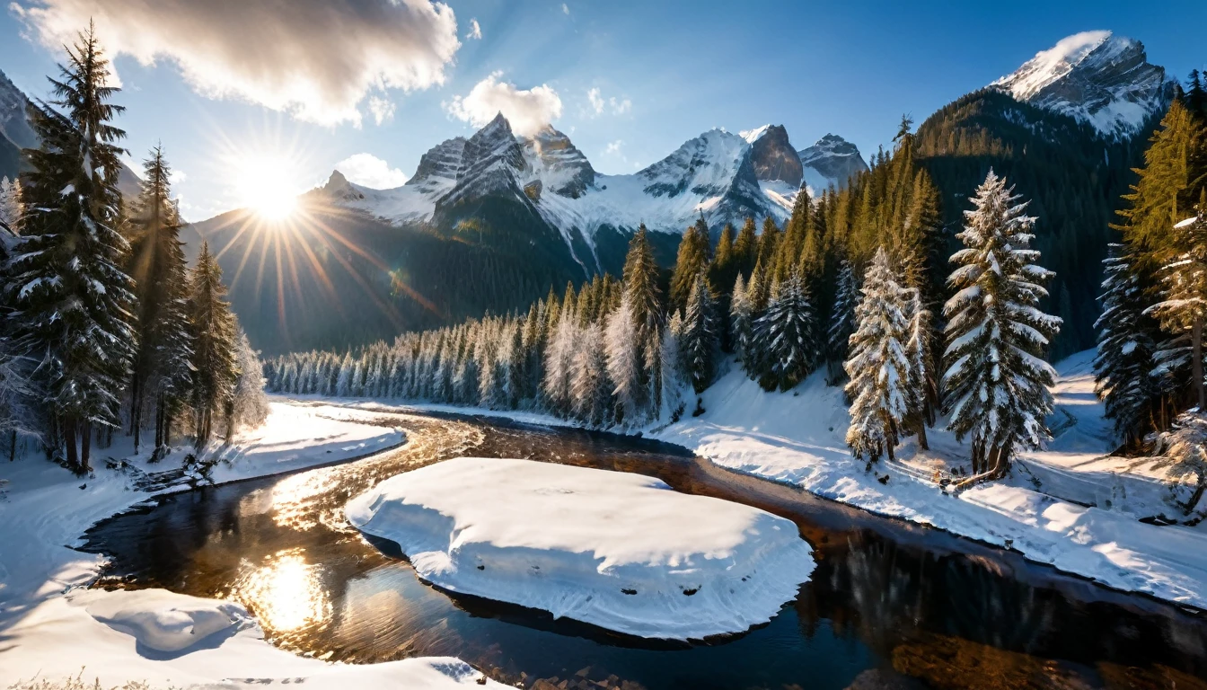 a National Geographic nature shot of a snowy mountain, the sun rises, the transition between night and day, the snow forest mountain range, the forest in the mountains, there pine trees, snow, a river flows between the mountains, the forest is reflected in rays of sunset in river, divine rays, some clouds, sun rays,  (highest quality:1.2, Very detailed, up to date, Vibrant, Ultra-high resolution, High Contrast, masterpiece:1.2, highest quality, Best aesthetics), best details, best quality, highres, ultra wide angle, 16k, [ultra detailed], masterpiece, best quality, (extremely detailed: 1.5), aetherpunkai, Cinematic Hollywood Film style