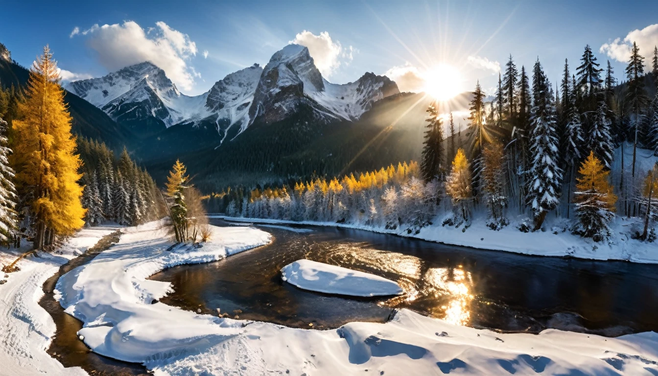 a National Geographic nature shot of a snowy mountain, the sun rises, the transition between night and day, the snow forest mountain range, the forest in the mountains, there pine trees, snow, a river flows between the mountains, the forest is reflected in rays of sunset in river, divine rays, some clouds, sun rays,  (highest quality:1.2, Very detailed, up to date, Vibrant, Ultra-high resolution, High Contrast, masterpiece:1.2, highest quality, Best aesthetics), best details, best quality, highres, ultra wide angle, 16k, [ultra detailed], masterpiece, best quality, (extremely detailed: 1.5), aetherpunkai, Cinematic Hollywood Film style