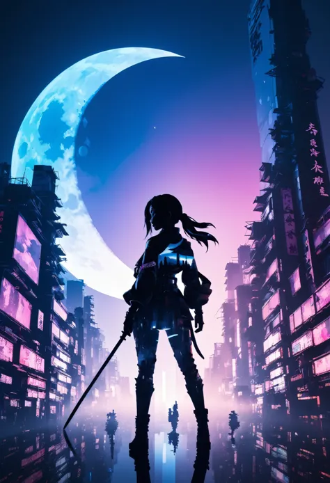  mate piece, silhouette, Kunoichi, logo, monotony, moon, double exposure, cyberpunk city, depth of field, (holographic glow effe...