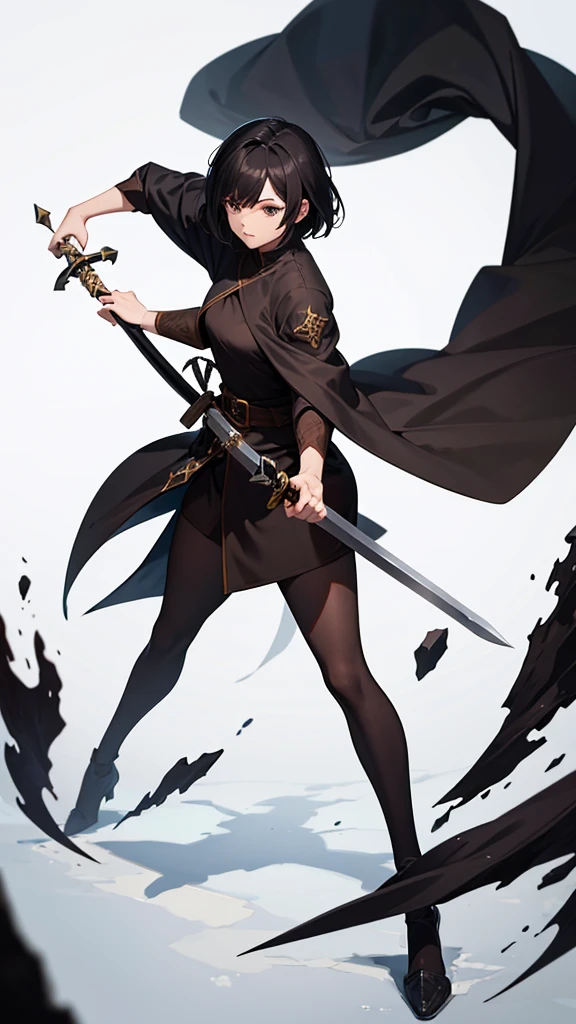 Strong women, Short black hair, Brown robes, Holding a sword, Full body side view, Pure white background, attack posture