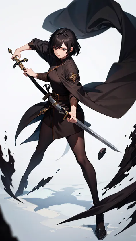 strong women, short black hair, brown robes, holding a sword, full body side view, pure white background, attack posture