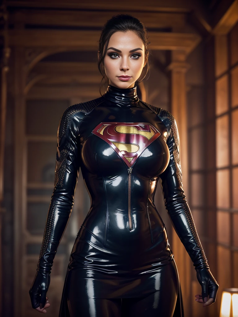 arafed woman, (superhero reinforced combatsuit), (makeup:1.4), beautiful smile, purple turtleneck latex dress with intricate details,latex and leather armor , zipper, highly detailed fur, natural skin texture, 4k textures, Highly detailed perfect , Lightroom, Intricate, Ultra-Realistic, Out There, (HDR:1.3), UHD, (Intricate Detail, Hyper-Detailed:1.1), Cinematic, Photoreal, (Dark Shot:1.2), Dramatic, High Contrast, (Warm Color:1.1) , muted colors, master piece, elegant, sharp focus, dynamic pose, bdsm dungeon background