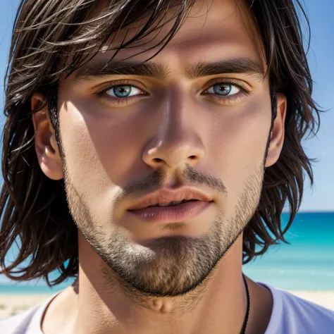 ultrarealistic portrait high resolution 16k close up of white european man black straight hair, brown eyes, young age. high brig...