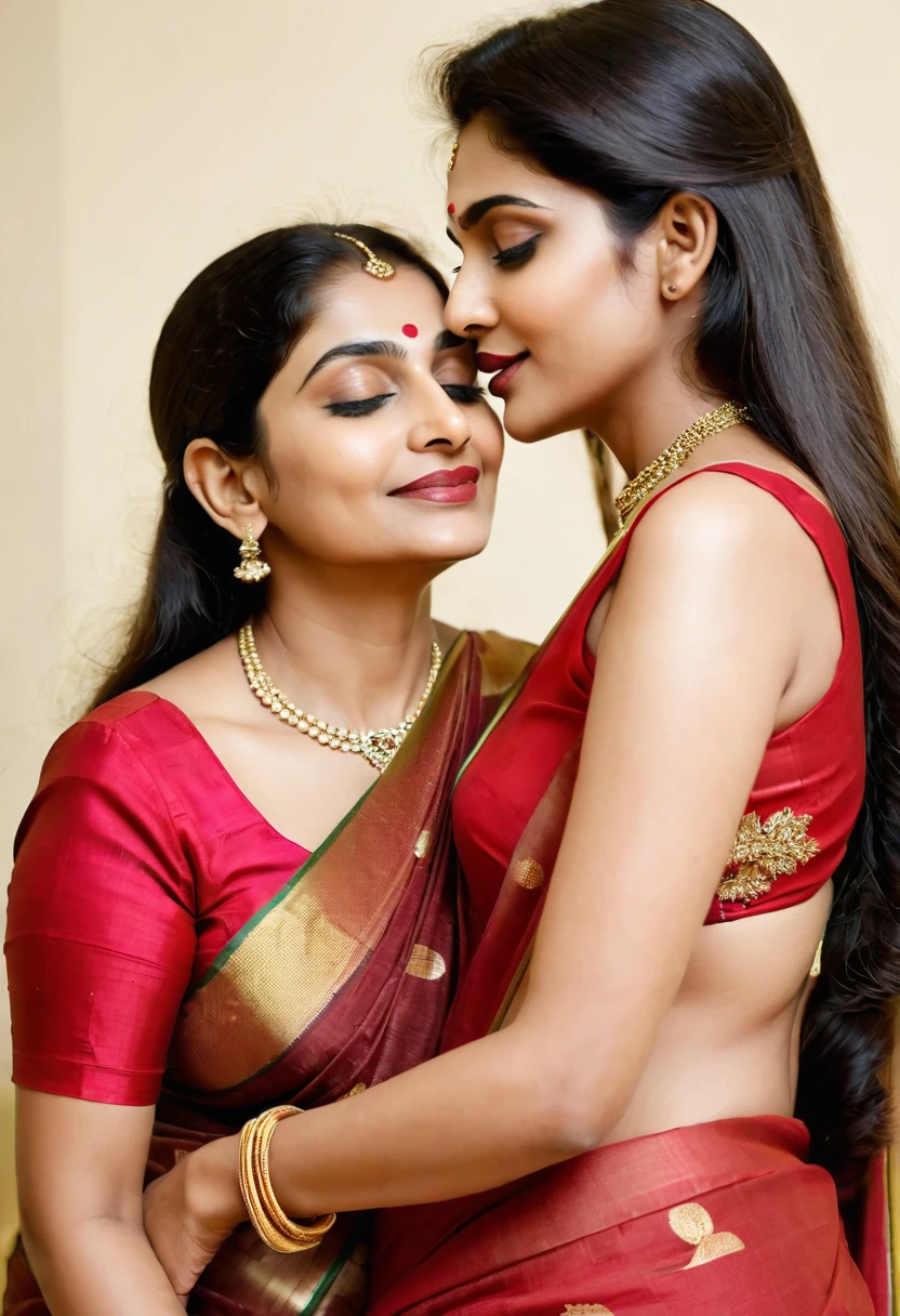 Fair skin Indian mom with 60 years of age in saree with big  kissing young boy