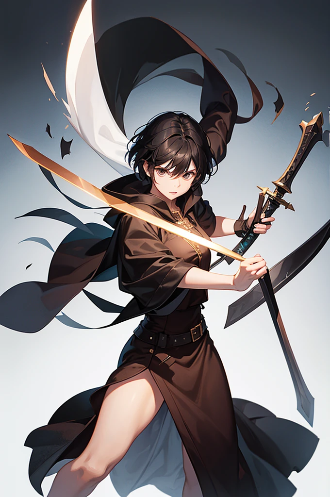 Strong women, Short black hair, Brown robes, Holding a sword, Two-Way, Full body side view, Pure white background, attack posture