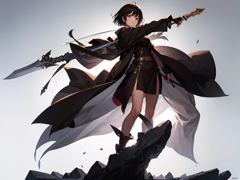 strong women, short black hair, brown robes, holding a sword, full body side view, pure white background