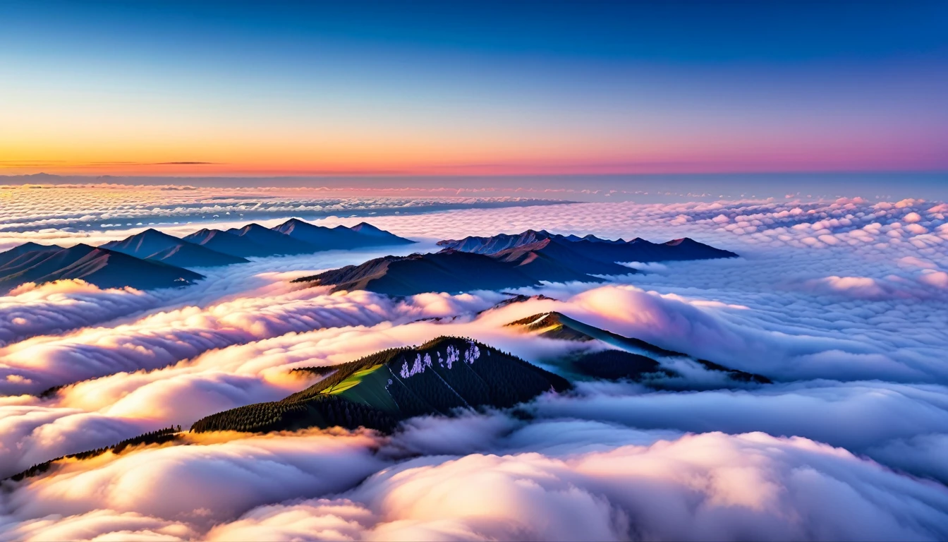 paysage de mer de nuages.Profitez de cette scène de lever de soleil à couper le souffle。Les lumières de la ville émergent parfois des interstices entre la mer de nuages，scène nocturne imminente，Cela donne à toute la ville une beauté brumeuse。