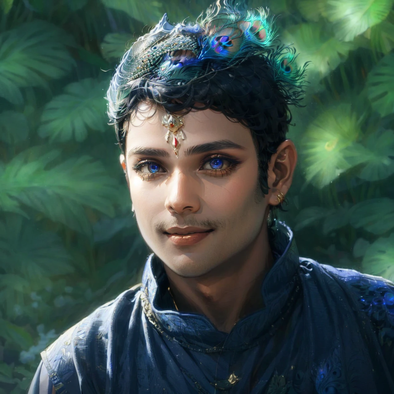 Krishna , loving man , beautiful glitter eyes , blue skin tone , smiling , divine nature, holding flutes in his hands, peacock feather on head.