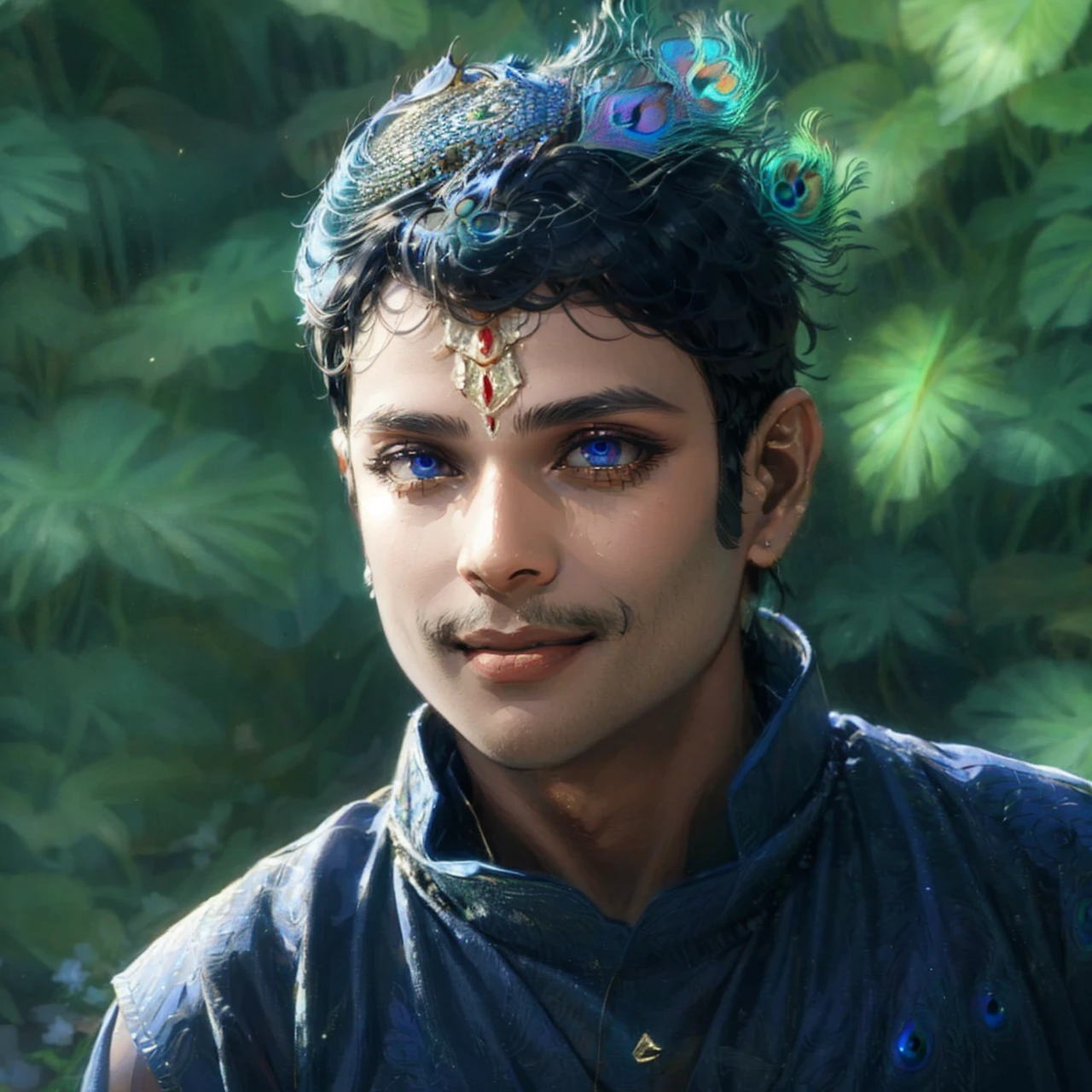 Krishna , loving man , beautiful glitter eyes , blue skin tone , smiling , divine nature, holding flutes in his hands, peacock feather on head.