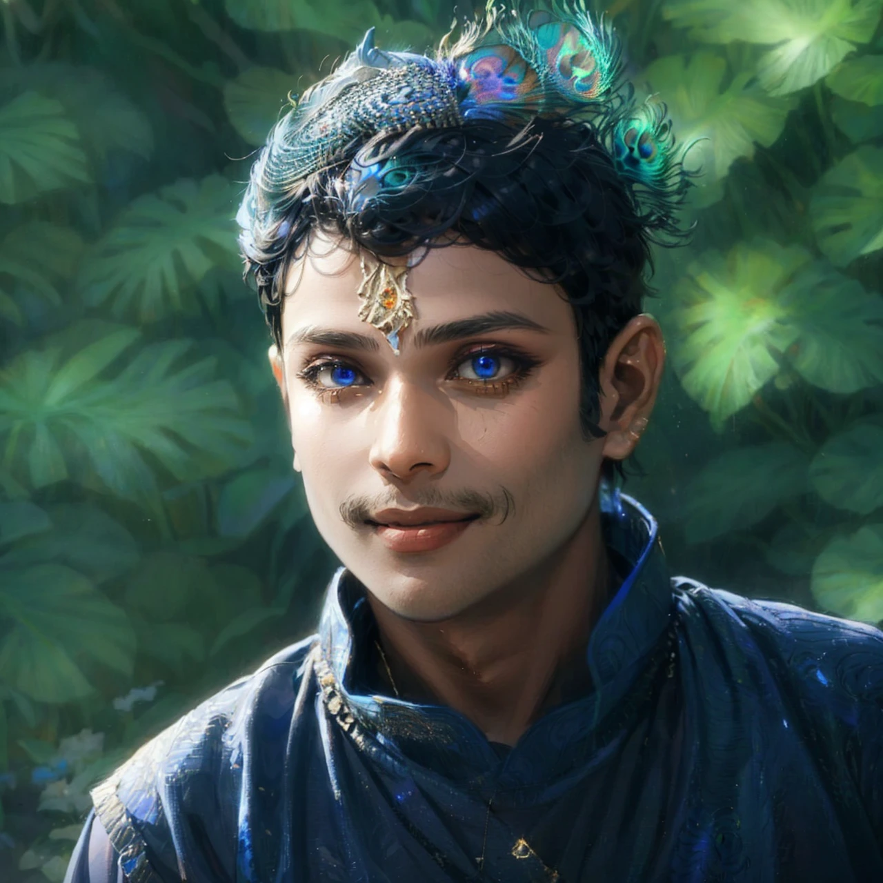 Krishna , loving man , beautiful glitter eyes , blue skin tone , smiling , divine nature, holding flutes in his hands, peacock feather on head.