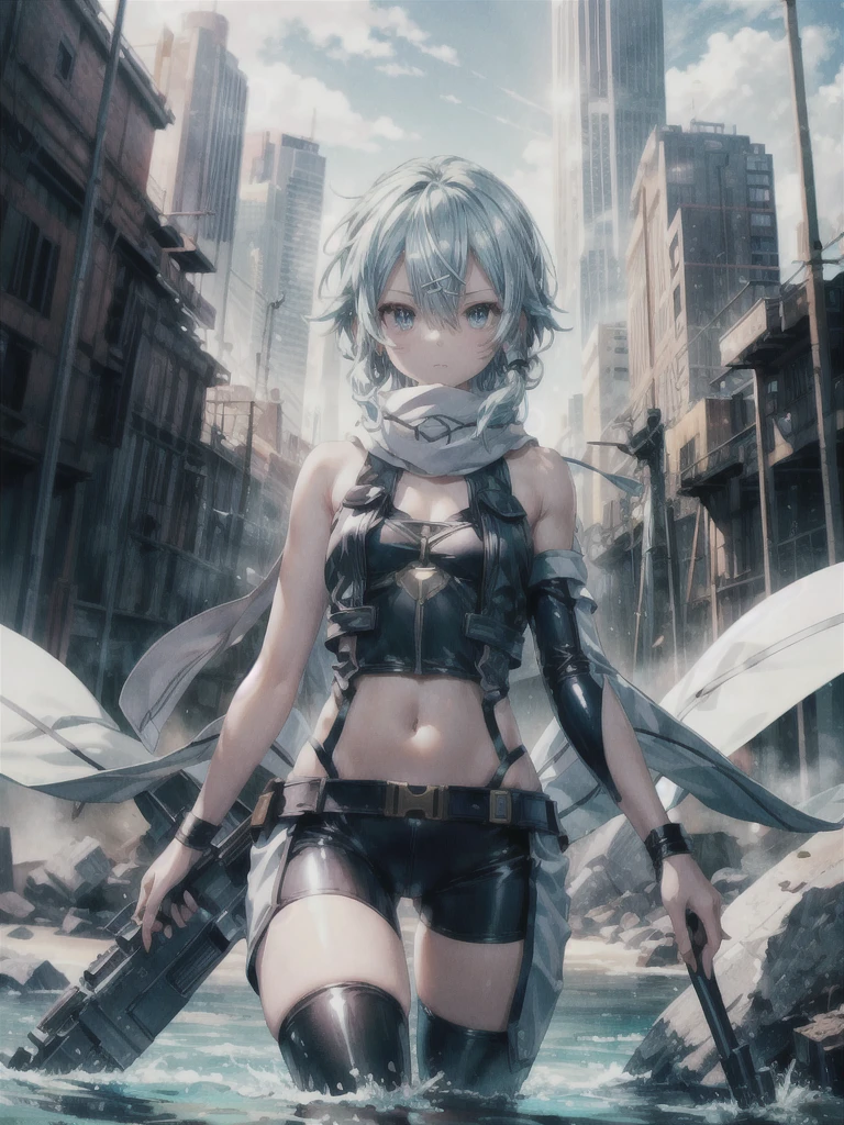 (masterpiece, highest quality, perfect anatomy, textile shading, gleaming skin, detailed skin,), BREAK expressive eyes, perfect face, highres,break, sinon1, scarf, (nsfw, revealing bodysuit, bare shoulders, midriff, thighs, :1.3),latex, (shiny clothes:1.2), hair ornament, hairclip, field, ruins background,outdoors, beach