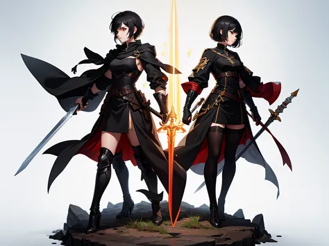 strong women, short black hair, brown robes, holding a sword, full body side view, pure white background, glare