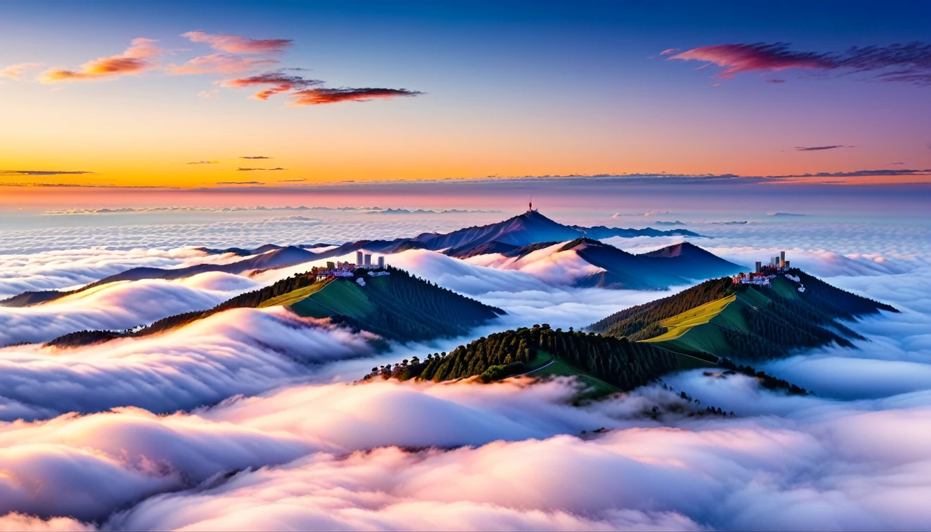 sea of clouds landscape.Enjoy this breathtaking sunrise scene。The lights in the city occasionally emerge from the gaps between the sea of clouds，looming cityscape，It gives the whole city a hazy beauty。