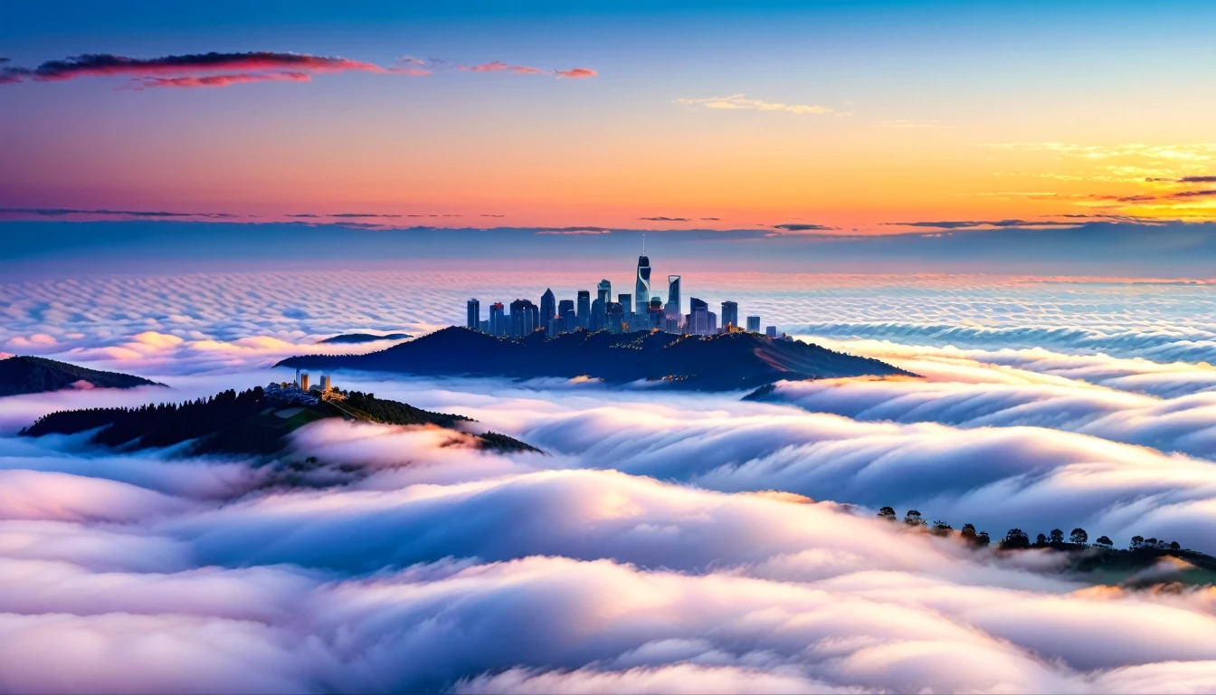 sea of clouds landscape.Enjoy this breathtaking sunrise scene。The lights in the city occasionally emerge from the gaps between the sea of clouds，looming cityscape，It gives the whole city a hazy beauty。