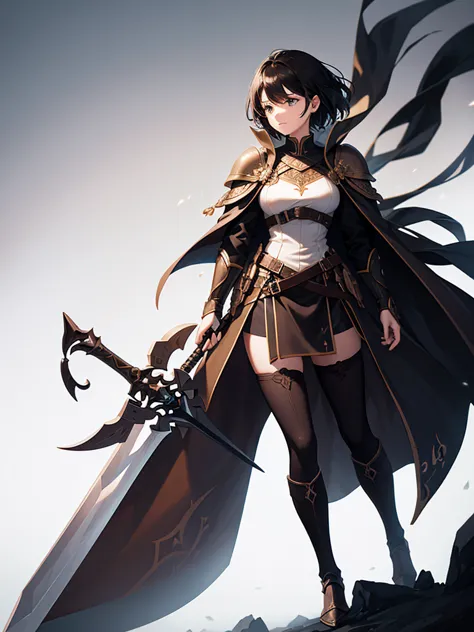 strong women, short black hair, brown robes, armor dress, holding a sword, full body side view, pure white background