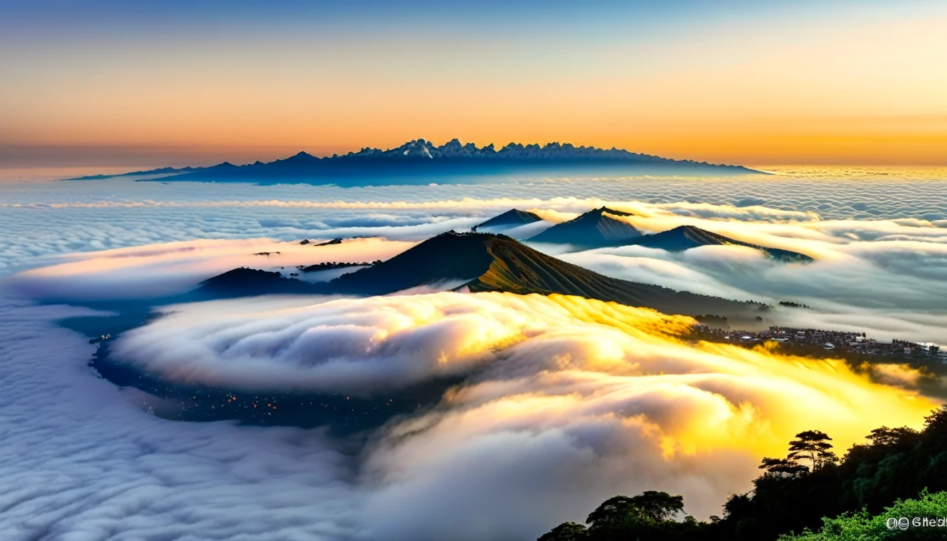 vue du lever du soleil.paysage de mer de nuages.Profitez de cette scène de lever de soleil à couper le souffle。Les lumières de la ville émergent parfois des interstices entre la mer de nuages，paysage urbain imminent，Cela donne à toute la ville une beauté brumeuse。