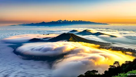 Sunrise view.sea of clouds landscape.Enjoy this breathtaking sunrise scene。The lights in the city occasionally emerge from the g...