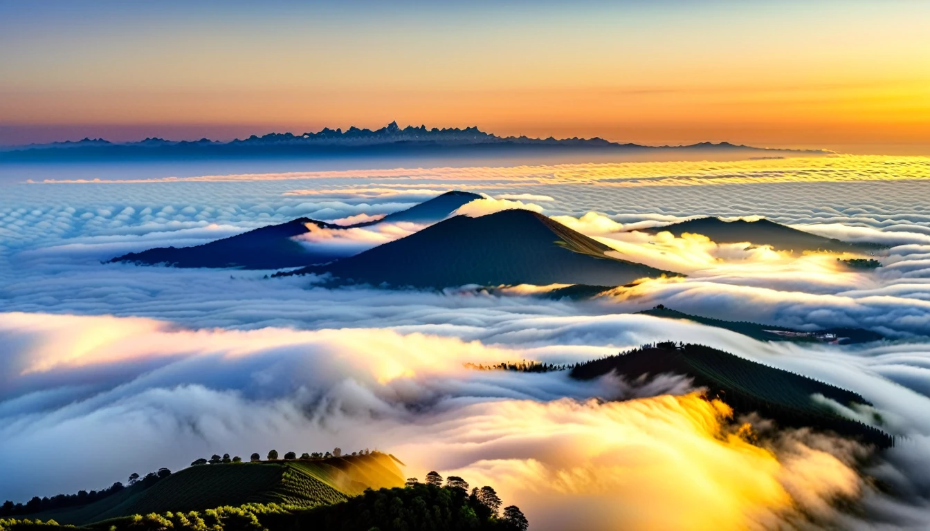 Vista del amanecer.paisaje de mar de nubes.Disfruta de esta impresionante escena del amanecer。Las luces de la ciudad emergen ocasionalmente de los huecos entre el mar de nubes.，paisaje urbano que se avecina，Le da a toda la ciudad una belleza nebulosa.。