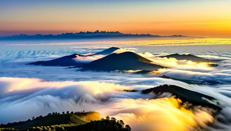 Sunrise view.sea of clouds landscape.Enjoy this breathtaking sunrise scene。The lights in the city occasionally emerge from the g...