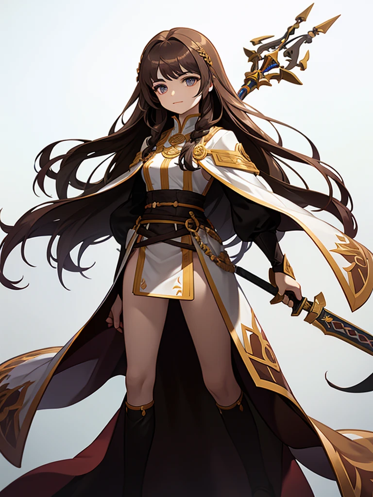 Strong women, Long brown hair, Brown robes, Holding a sword, Full body side view, Pure white background