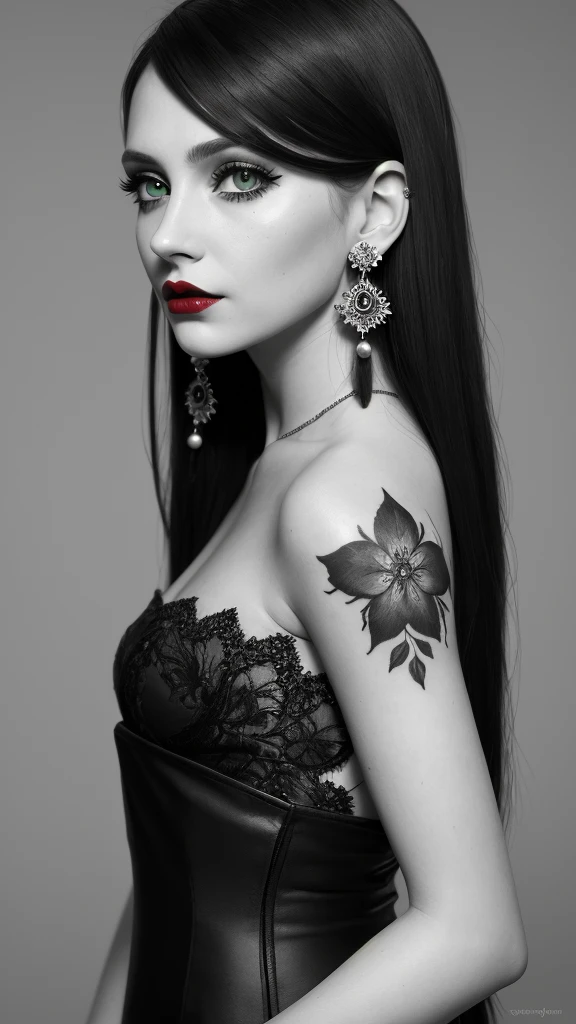 DigiArt Style, 1girl, solo, looking at viewer, long hair, monochrome, greyscale, earrings, red lips, BREAK, deep green eyes, petals, eyelashes, shoulder tattoo, makeup, watermark, piercing, ear piercing, portrait,, 