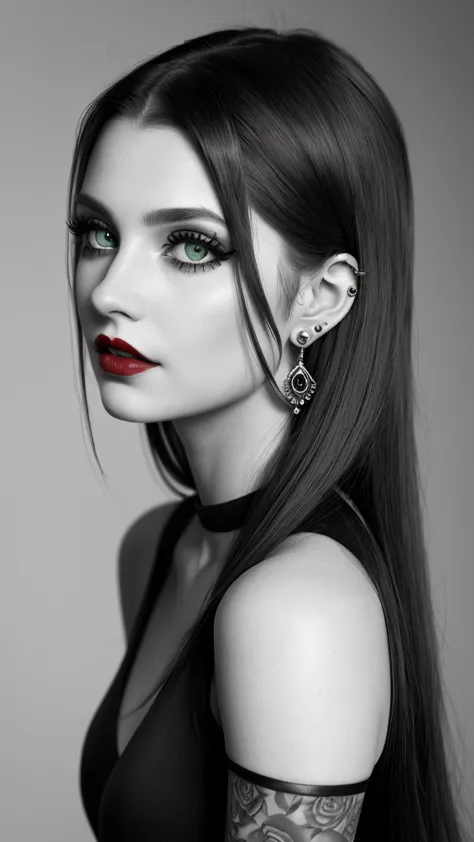 DigiArt Style, 1girl, solo, looking at viewer, long hair, monochrome, greyscale, earrings, red lips, BREAK, deep green eyes, pet...